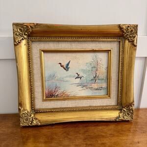 MCM bird nature painting 1950s oil on artist board estate, Gold Frame, Ornate